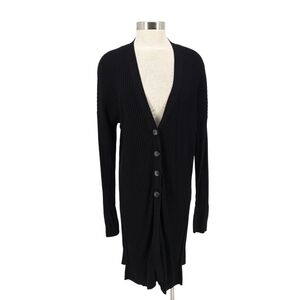 John + Jenn Tunic Sweater Cardigan Black Long Sleeve Rib Knit VNeck Button Large